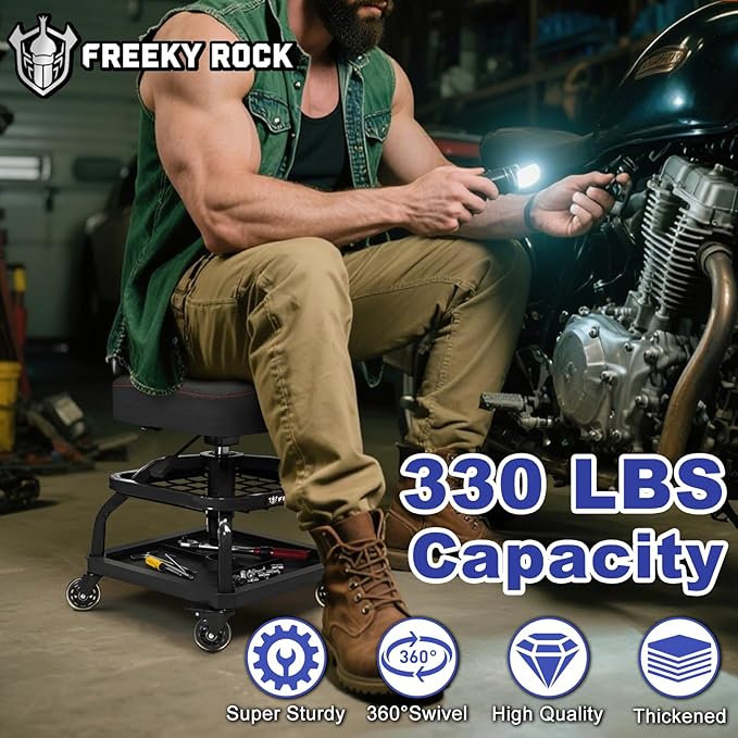 Rolling Shop Stool with Wheels, Garage Mechanic Shop Chair with Handle Backrest, Adjustable Height Work Stool, Roller Seat with Tool Tray Storage, Heavy Duty, 330 LBS Capacity, Black