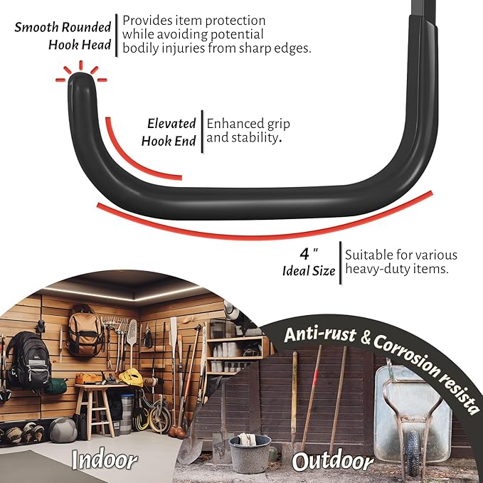 Garage Hooks 4 Inch, 6 Pack Heavy Duty Wall Hooks for Hanging, Ladder Hangers for Garage Wall Mount, Steel J Utility Garden Hose Holder Tool Organizers and Storage(55lbs)