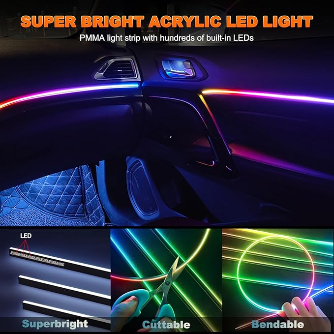 Acrylic LED Lights - Interior Car Ambient Lighting Kits with Dynamic Rainbow Dream Color Chasing, Music Sync (10 in 1(4*29.5+43.3+14.5 inches+4 Footwell Lights))