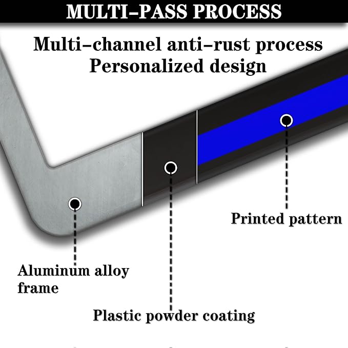 License Plate Frames for Women Blue Black Automotive Exterior Accessories for Men Blue Line Aluminum Metal Car Accessory 2 Pack with Screw Covers Set