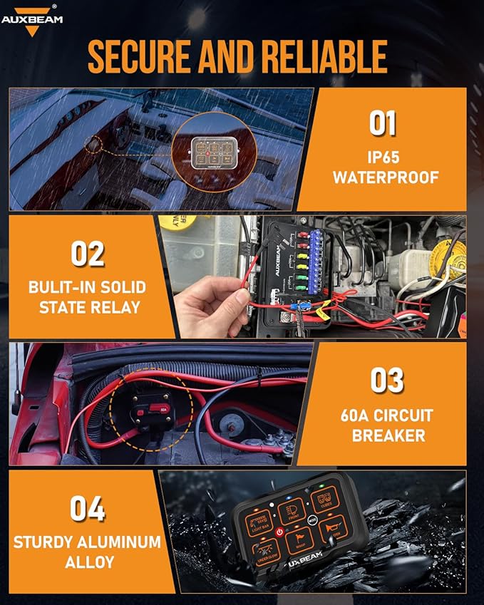 Auxbeam 6 Gang Switch Panel Bluetooth RGB AR-600 with Toggle Momentary Pulsed Modes Multifunctional Switch pod with Manual and Automatic Backlit Control Boat Switch Panel for Truck Car ATV Waterproof