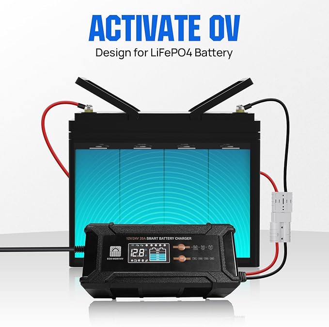 ECO-Worthy 12V/24V 20A Smart Battery Charger Maintainer, Auto Voltage Detect for LiFePO4 Lead-Acid with Multi-Current Options 5A/10A/15A/20A, Trickle Charger for Car Truck Motorcycle Lawn Mower