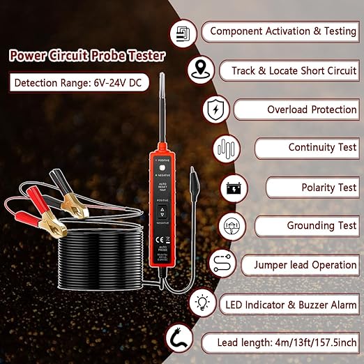Power Circuit Probe Tester, 6V-24V DC Test Light, Automotive Short Circuit Located and Component Activated, 12V Auto Electrical Tester, Polarity Identify with LED Light, Overload Protection
