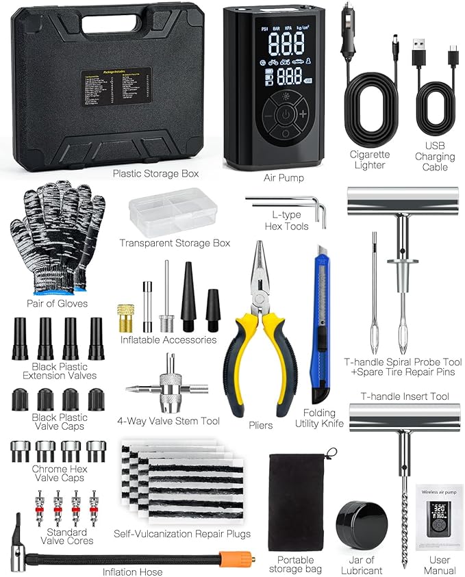 Tire Repair Kit with Portable Air Compressor, Tire Plug Kit 58PCS with Cordless Tire Inflator (150 PSI) for Car, Motorcycle, Tractor, Truck, Ball