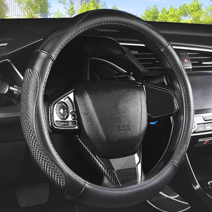 Leather Car Steering Wheel Cover 15 inch Universal Fit Microfiber Steering Wheel Cover Anti-Slip, Soft, Breathable, Full Surround Car Wheel Cover