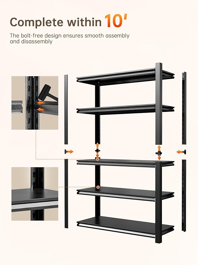 JHYKHG 63" H Storage Shelves,5-Tier Heavy Duty Garage Shelving,Adjustable Shelving Unit,Metal Shelf,Boltless Assembly Rack for Warehouse,Shed,2,500 lb Load,16 x 24 x 63 Inches,Black