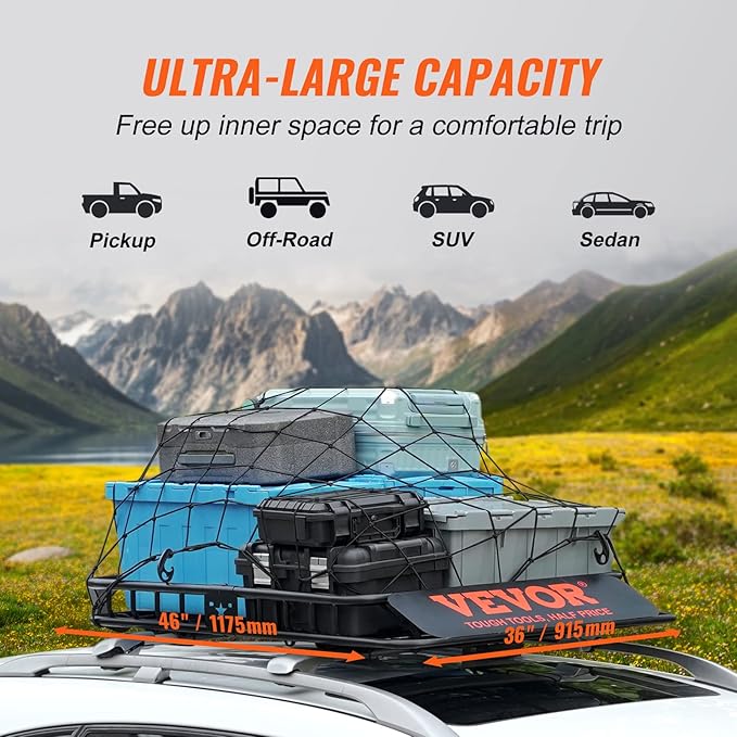 VEVOR Roof Rack Cargo Basket, 46" x 36" x 4.5" Rooftop Cargo Carrier, Heavy-Duty 200 LBS Capacity Universal Roof Rack Basket, Luggage Holder for SUV, Truck, Vehicle