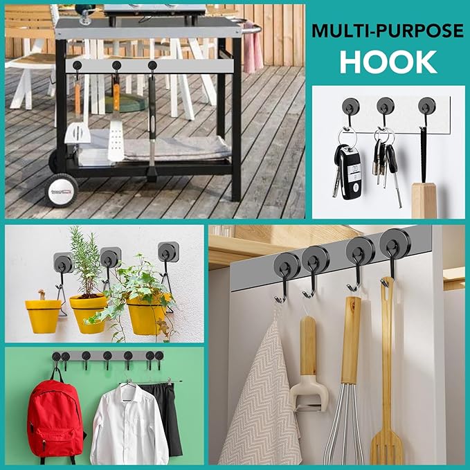 DIYMAG Black Magnetic Hooks, 110LBS Strong Magnetics Heavy Duty, Cruise Ship Essentials Magnets with Metal Hook for Hanging Refrigerator Home Kitchen Office, 8Pack
