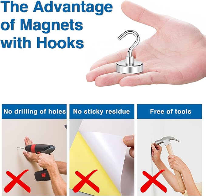 LOVIMAG Strong Magnetic Hooks, 40LBS Neodymium Magnets with Hooks, Cruise Must Haves for Travel, Magnetic Key Holder for Wall,Cruise Ships,Locker,Metal Door,Office,Kitchen,Classroom- 6 Pack