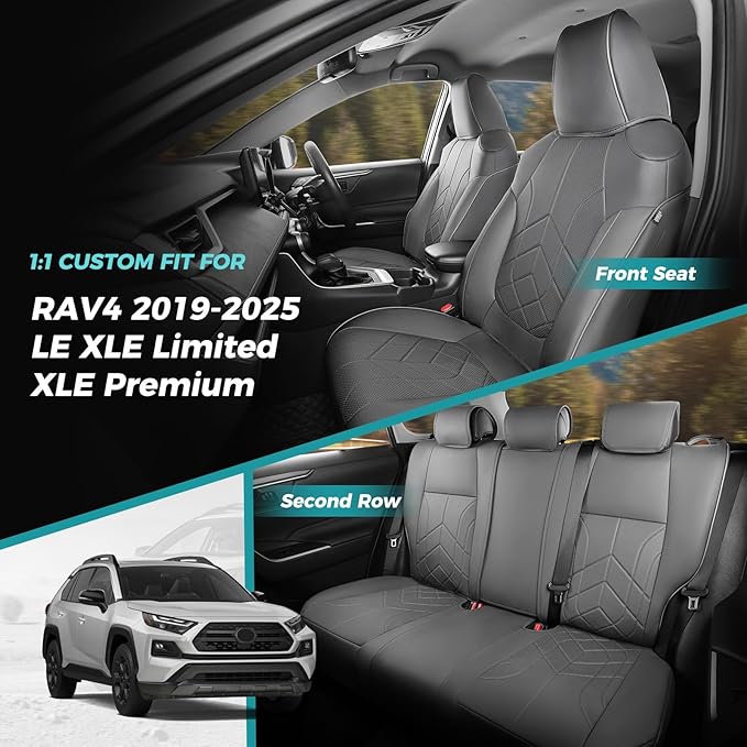 for Toyota RAV4 Seat Covers 2019 2020 2021 2022 2023 2024 2025 RAV 4 Prime & Hybrid XLE LE Limited XLE Premium (Not for XSE/SE Hybrid) - Custom Leather Car Seat Covers Full Set - BlackGrey