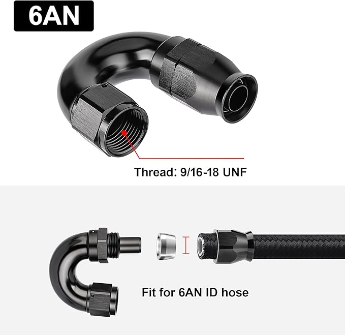 EVIL ENERGY 6AN 180 Degree PTFE One Piece Full Flow End Hose Fitting Aluminum Black
