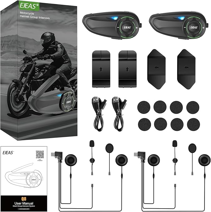 EJEAS Q8 2PC Motorcycle Bluetooth Headset, Upgraded Mesh 3.0 Intercom System with Music Sharing and IP67 Waterproof for 6 Riders Group Talking