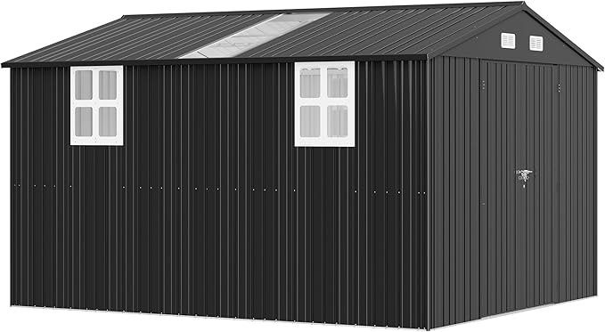 AMERLIFE 10.1x11.5x7.4 FT Galvanized Steel Storage Shed with Dual Transparent Panels, 2 4-Pane Windows & Hinged Double Doors, Outdoor Shed for Backyard, Patio, Garden, Dark Grey