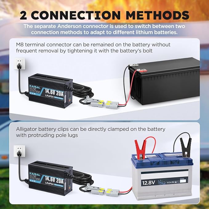 12V 20A Lithium Battery Charger 14.6V LiFePO4 Battery Charger for 12.8V LiFePO4 Lithium Deep Cycle Rechargeable Battery 0V Wake Up 12 Volt Charger with 2 Connectors for RV, Boat, Car, Marine, Solar