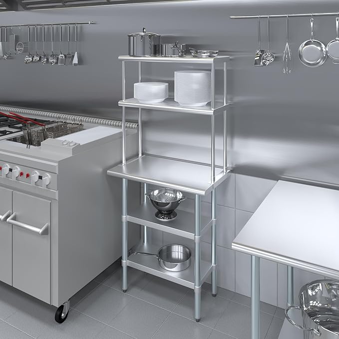 AmGood Stainless Steel Work Table with 2 Shelves | NSF (18" x 30" Table with 2 Shelves + 12" Overshelf)
