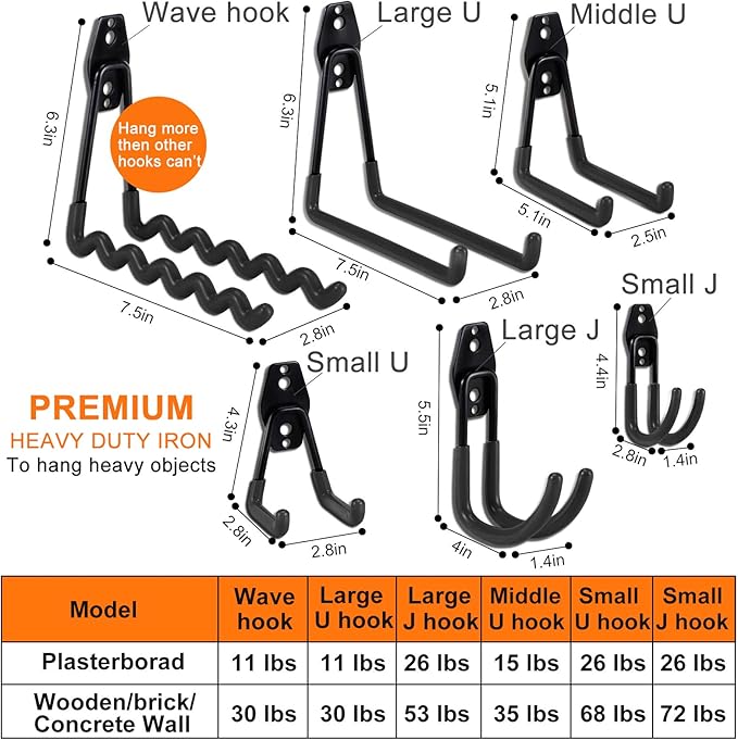 AOBEN Garage Hooks,24Pack Heavy Duty Garage Hanger Organizer Anti-Slip Double Wall Garage Storage Hooks for Ladder, Power Tool,Bike,Ropes (23 Hooks & 1 hoder Strap)-Black