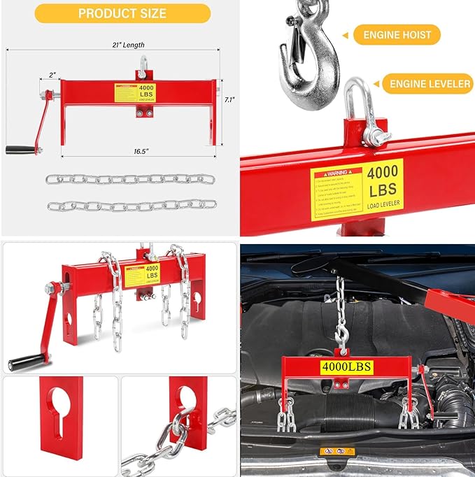 Engine Hoist 2 TON Folding Hydraulic Engine Motor Hoist with Load Leveler Lever, Cherry Picker Shop Cranes Lift Red Shop Crane 4000 lb (Engine Stand+Load Leveler)