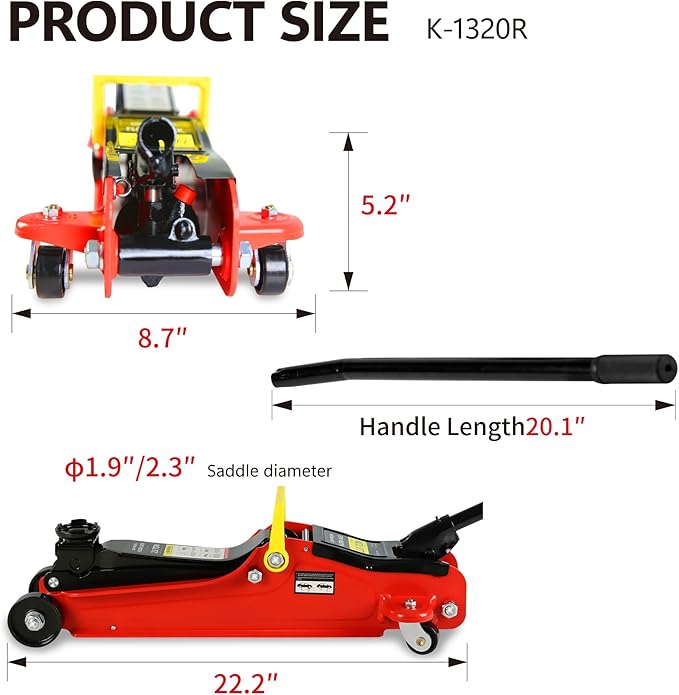 5 Piece Car Truck Floor Jack Service, Hydraulic Trolley Floor Jack & Jack Stands & Tire Repair Kit & L-Wrench for Garage, Repair Shop, DIY, Lift Range 3.3"-15.2", 2 Ton/4000 LBS Capacity, Red