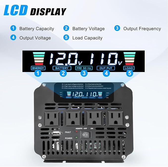 4000 Watt Power Inverter, Car Inverter 12V DC to 110V/120V AC Converter with LCD Display, 4 AC Outlets, USB Port & Remote Controller for RV, Truck, Off-Grid Solar System