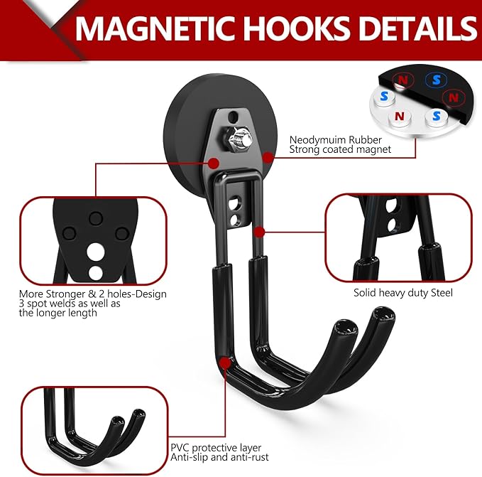 3-H Heavy Duty Magnet Garage Hooks 4 Pack, J Shape Strong Magnetic Hooks for Hanging Cordless Power Drill, Utility Magnetic Tool Holder for Metal Cabinet, Steel Pegboard, Toolbox, Garage(Black)