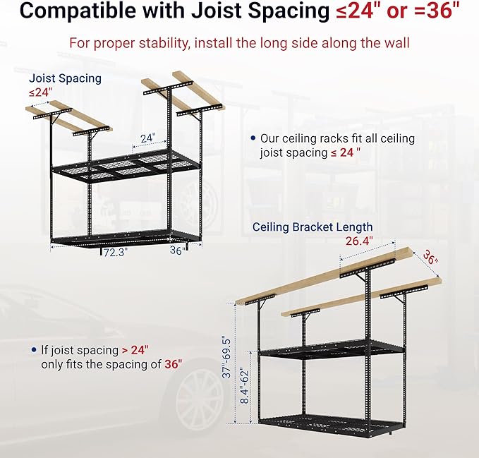 FLEXIMOUNTS 3x6 2-Tier Overhead Garage Storage Rack – Adjustable Heavy Duty Metal Garage Ceiling Storage Racks, 880 lbs Capacity – Garages Organization System for 10–15 ft Tall Garages, Black