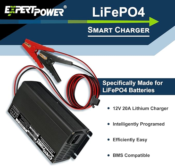 ExpertPower 12V 20A Smart Charger for Lithium LiFePO4 Deep Cycle Rechargeable Batteries