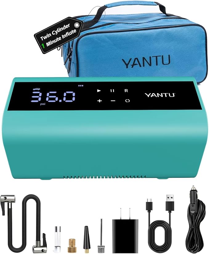YANTU Cordless Tire Inflator with Dual-Cylinder & 8.3" Large Screen-Portable Air Compressor for Car Tires,12V Rechargeable,Tire Pressure Gauge,Up to 150 psi, Auto/Bicycle/Moto/Truck Use