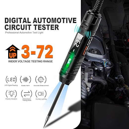 Heavy Duty 3-72V Digital LED Automotive Test Light, Circuit Tester with Polarity Indicate and Illuminating Lights, Car Truck Low DC Voltage Light Tester with Stainless Probe & 142 Inch Extended Wire