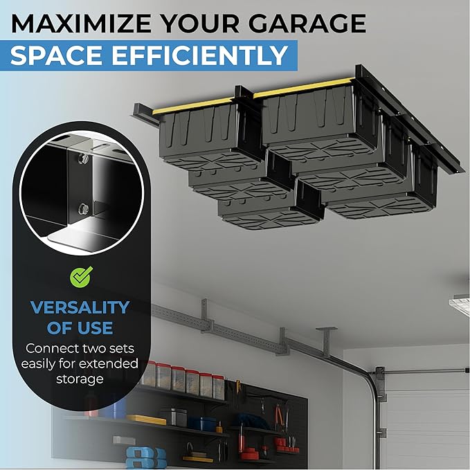 Heavy Duty Adjustable Ceiling Mount Garage Shelving for 16"-24" Stud Spacing, Ideal for Garage Storage and Home Organization Solutions