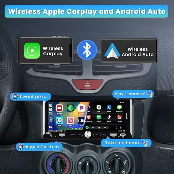 6.9 Inch Single Din Car Stereo with Wireless Carplay Android Auto, HD Touchscreen Radio Receiver with Bluetooth5.0 Audio FM/RDS EQ SWC Mirror Link USB/Type-C Port Backup Camera