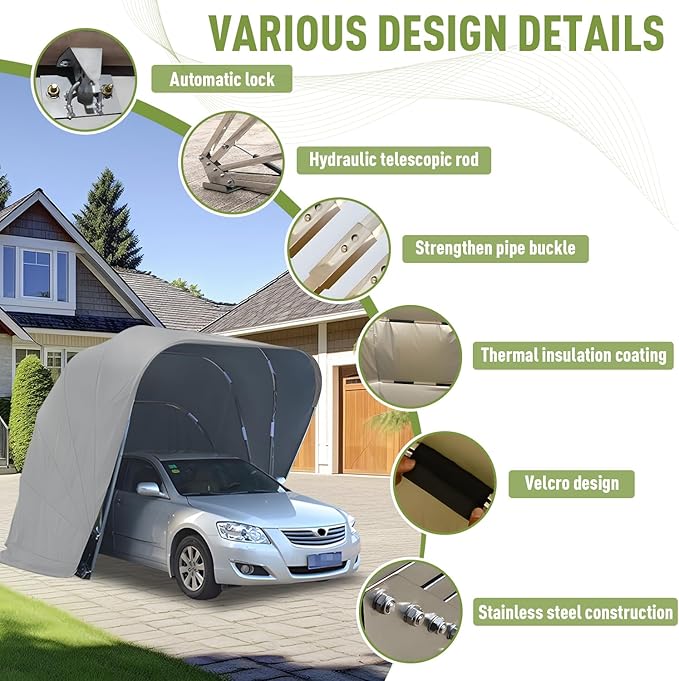 Stainless Steel Carport, Foldable Retractable Garage, Heavy Duty Mobile Carport, Semi-Automatic Outdoor Shelter, All-Weather Weatherproof RV Cover, for Parking Lot, Yard, Grey