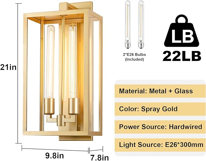 Outdoor Wall Sconce, 21" Large Gold Wall Mount Lamp, Outside Lights Front Porch Light, Waterproof Modern Porch Lighting Exterior Lamp for Front Door, Entryway (Bulbs Included)