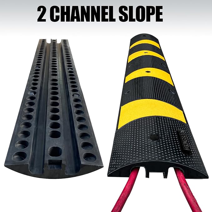2 Channel Rubber Speed Bumps Humps, 6 Feet Long Traffic Driveway Ramp with 8 Bolts, 22000 lbs Capacity Cable Protector Ramp for Garage Gravel Roads Asphalt Concrete, 2 Packs