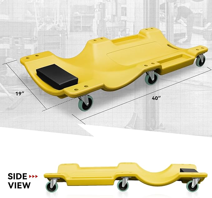 Auto Dynasty 40 Inches Mechanic Creeper, Automotive Garage Repair Low Profile Under Car Rolling Creeper with Padded Headrest, Plastic, Yellow