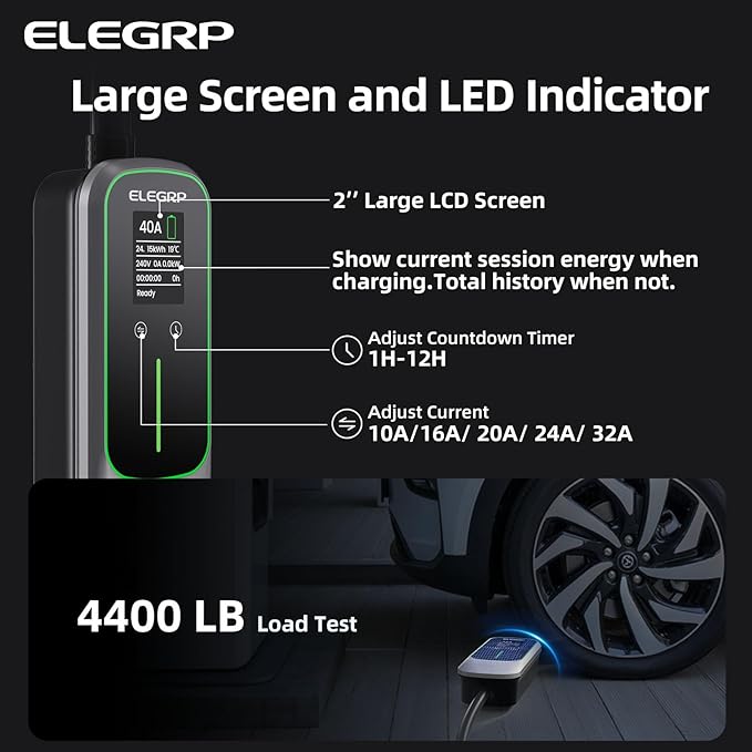 ELEGRP Level 2 EV Charger for Home, 40 Amp, ETL Certified, PBE & LCD Technology, 25ft J1772 Cable with NEMA 14-50 Plug, Plug and Play, 240V for BEVs/PHEVs