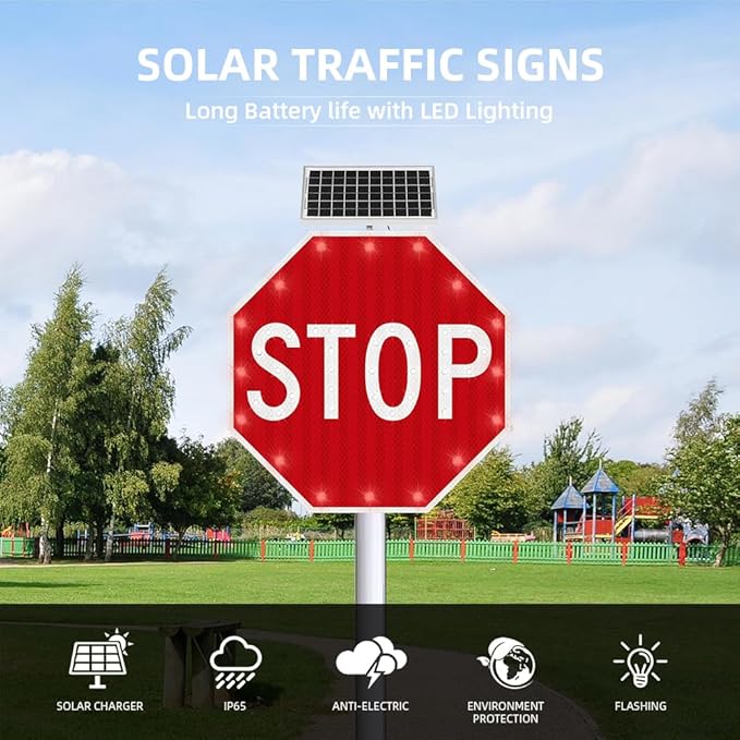 30" Solar Stop Sign Solar Powered LED Blinking Reflective Street Traffic Warning Sign Octagon Rust-proof Metal Frame