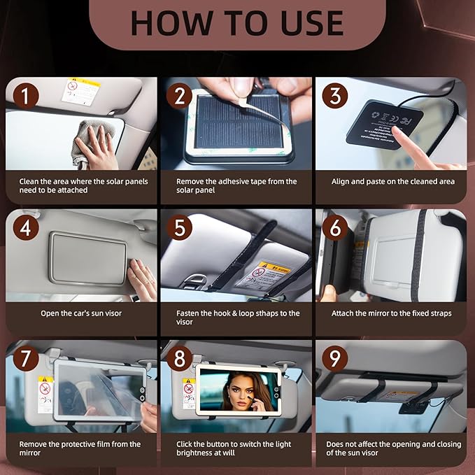 Solar Car Sun Visor Vanity Mirror, Sun Visor Makeup Mirror for Car,Dimmable with 3 Light Modes
