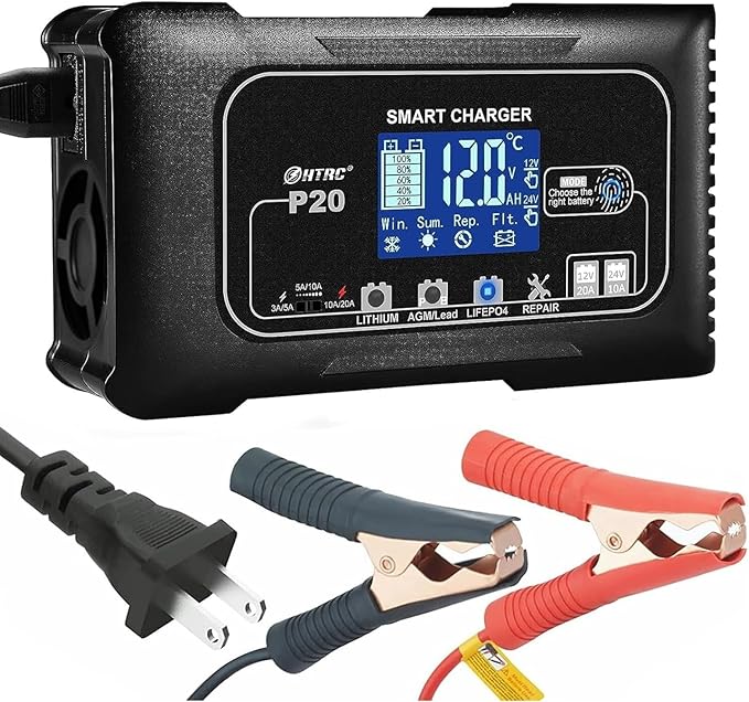 20Amp Lithium Battery Charger, 12V and 24V, Lifepo4, Lead-Acid (AGM/Gel/SLA.) Car Battery Charger, Maintainer Cycle Charger Trickle Charger Battery Desulfator for Boat, Motorcycle, Golf Cart