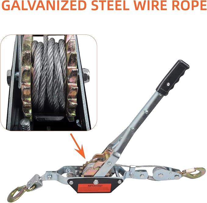 2 Ton Heavy Duty 2 Hook Steel Cable Dual Gear Power Puller Come Along Chain Winch Ratchet Tool, Automotive Hoist Hand Winch Cable Puller Stretcher Lift