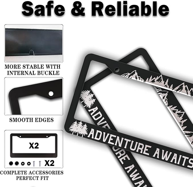 License Plate Frames Black and White License Plate Frame Adventure Awaits Universal Aluminum Car Accessory 2 Pack with Screw Covers Set