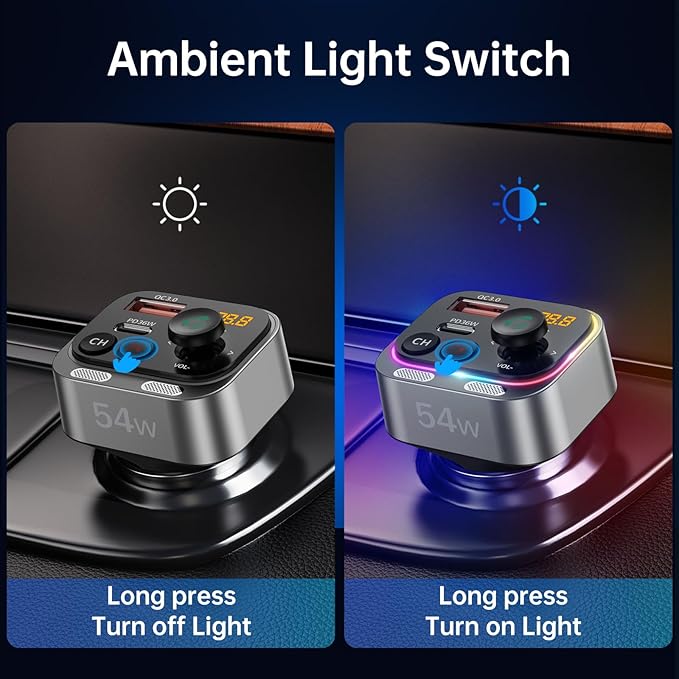 Syncwire Bluetooth 5.4 FM Transmitter Car Adapter 54W (PD 36W & 18W) [Stronger Dual Mics] [Light Switch] [HiFi Bass Sound] [Fast Charging] Wireless Radio Receiver Hands-Free Calling LED Display