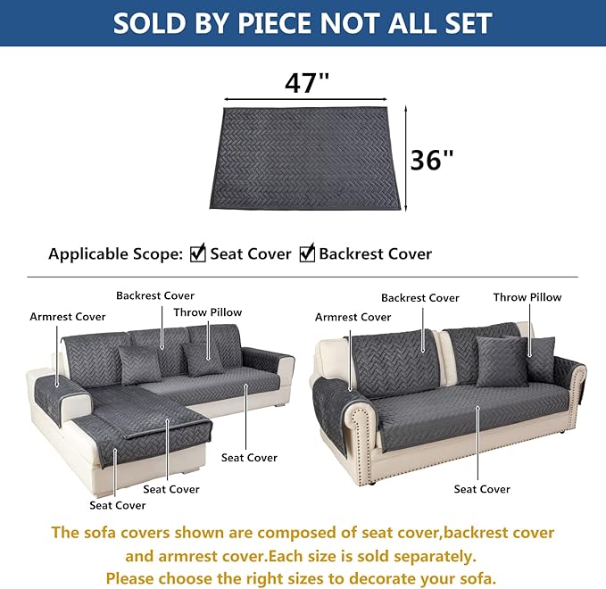 Eismodra Couch Cover,Sectional Couch Covers,Sofa Covers for 3 Cushion Couch,Anti-Slip Sofa Slipcovers for Dogs Cats Kids Loveseat Recliner L Shaped Armrest Backrest,Dark Gray 36''x47''(Only 1 Piece)