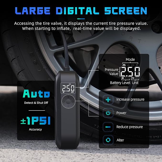 CYCPLUS Electric Air Compressor Bicycle Pump Car Tire Inflator, 150 PSI Portable Air Compressor, Rechargeable Tire Pump LED Display, Auto Shut-Off Air Pump for Bike Tires, Car, Motorcycle, Ball