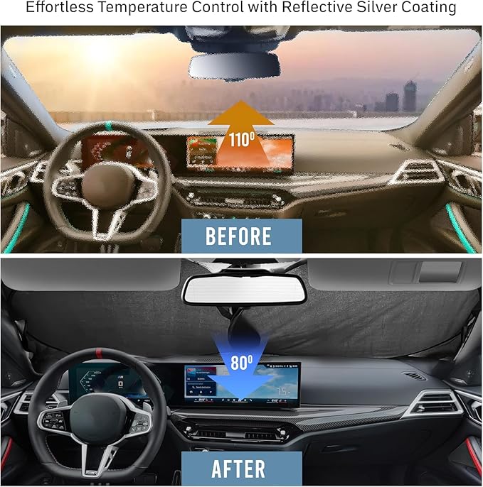 Foldable Windshield Sun Shade for Car – 240T Reflective UV and Heat Shield with Storage Bag | Keeps Interior Cool | Universal Fit for Sedans, SUVs, and Trucks – Medium (64" x 32")