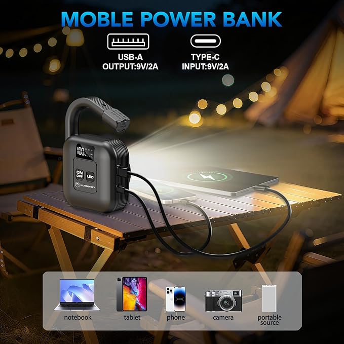 Portable Car Jump Starter with Camp Light, 2000A Peak, Ultrasafe 12V Battery, 8000mAh, for 9L Gas/7L Diesel Engines, Dead Battery Booster, USB Output Power Bank