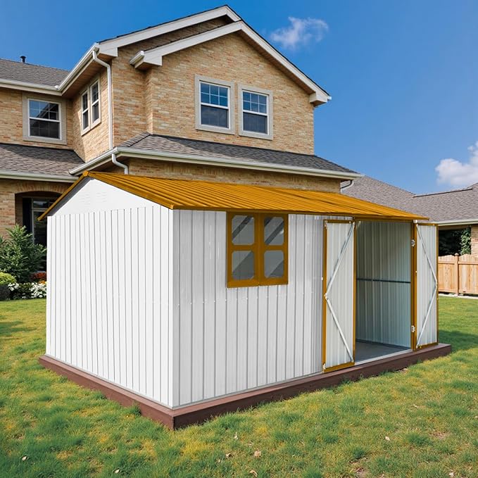 12 x 10 FT Outdoor Storage Shed, Metal Garden Tool Shed with Slooping Roof, Lockable Doors and Aluminum Frames, Easy to Assemble for Garden, Patio, Lawn, White+Yellow