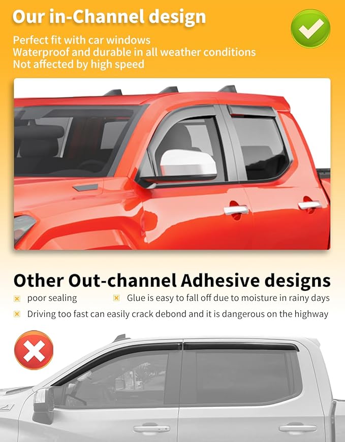 in-Channel Window Rain Guards Fit for Truck Toyota Tacoma 2024-2025 Double Cab with 4 Full-Size Doors Extra Durable Window Deflectors Window Visors Vent Shades Vent Visors Car Accessories