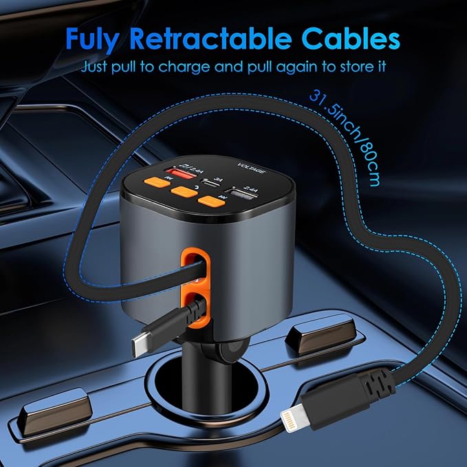 Retractable Car Charger,5 in 1 Fast Car Phone Charger 90W,Bluetooth 5.3 FM Transmitter Adapter,Handsfree Call,2 Retractable Cables and USB Cars Chargers for iPhone 15/14/13 (Black)