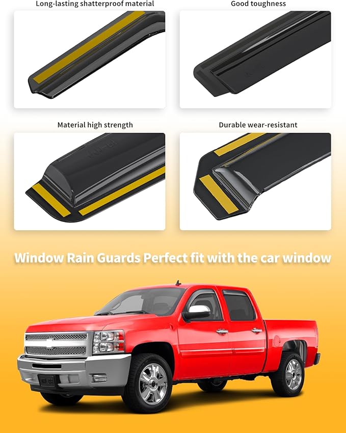 in-Channel Window Rain Guards Fit for Truck Chevrolet (Chevy) Silverado/GMC Sierra 2007-2013 Crew Cab Extra Durable Window Deflectors Window Visors Vent Shades Vent Visors Car Accessories