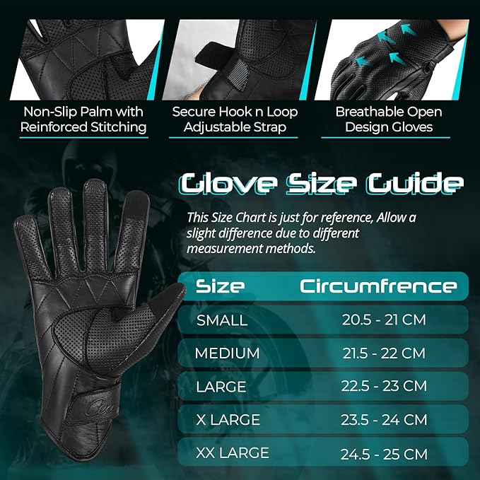 aasportx Motorcycle Gloves - Men's Leather Motorbike Gloves with Touchscreen Function - Non-Slip Pads for Men & Women